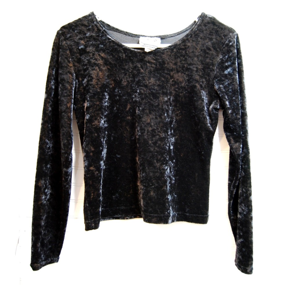 Women's Y2K cropped top Small Black‎ long-sleeve crushed velvet Earthquake shirt